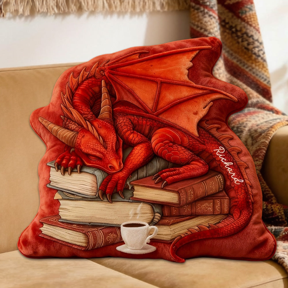 Personalized Red Dragon Books Pillow with Custom Name, Fantasy Reading Cushion, Christmas Gift for Book Lovers & Kids