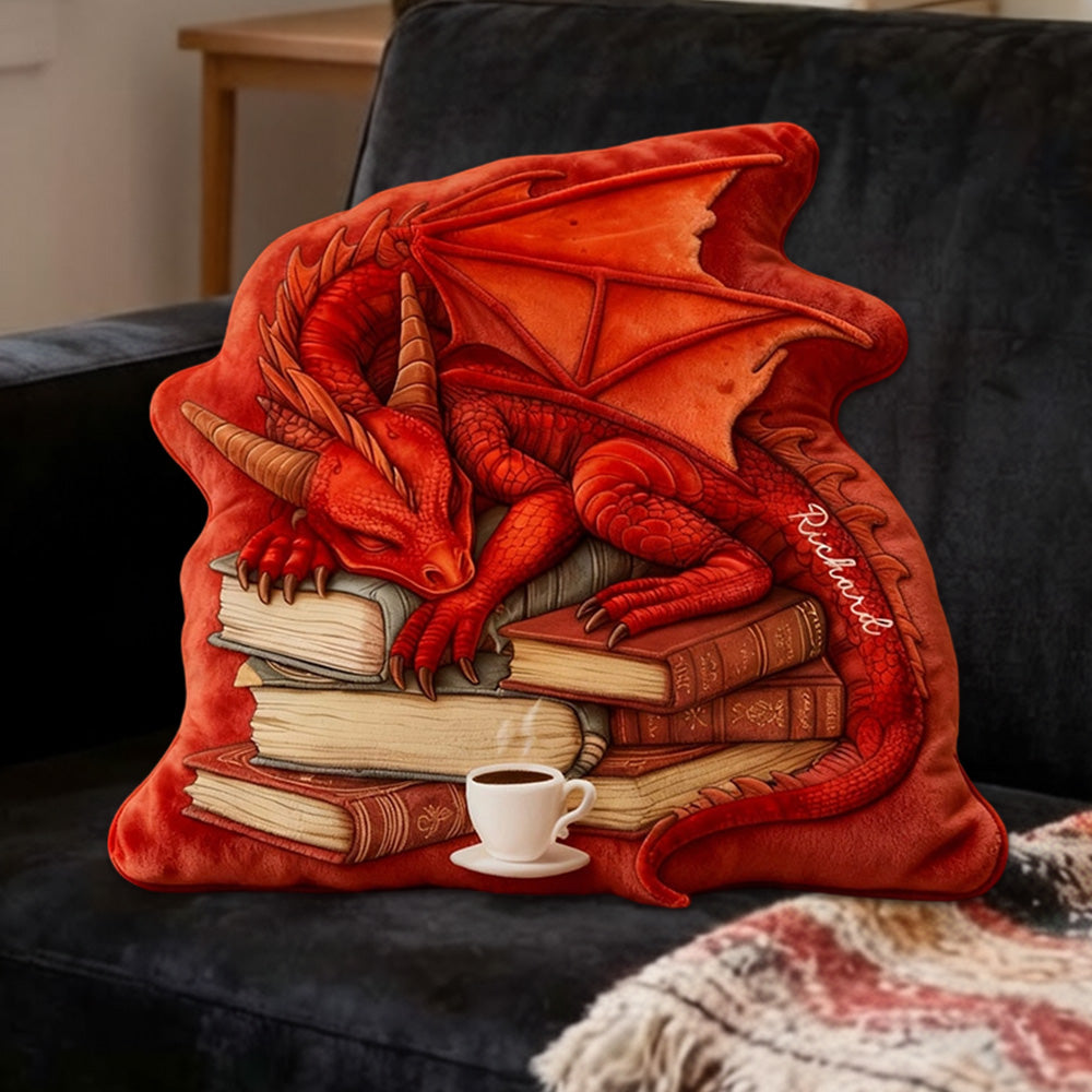 Personalized Red Dragon Books Pillow with Custom Name, Fantasy Reading Cushion, Christmas Gift for Book Lovers & Kids