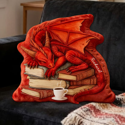 Personalized Red Dragon Books Pillow with Custom Name, Fantasy Reading Cushion, Christmas Gift for Book Lovers & Kids