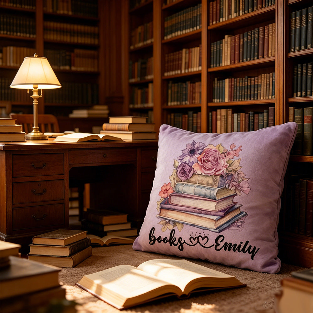 Personalized Flower Books Pillow with Custom Name, Watercolor Floral Reading Cushion, Christmas Gift for Book Lovers & Kids