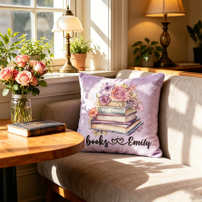 Personalized Flower Books Pillow with Custom Name, Watercolor Floral Reading Cushion, Christmas Gift for Book Lovers & Kids