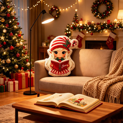 Personalized Christmas Elf Reading Pillow with Custom Name, Festive Bookish Cushion, Holiday Gift for Book Lovers & Kids