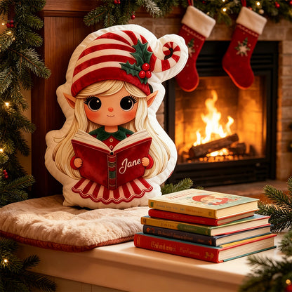 Personalized Christmas Elf Reading Pillow with Custom Name, Festive Bookish Cushion, Holiday Gift for Book Lovers & Kids
