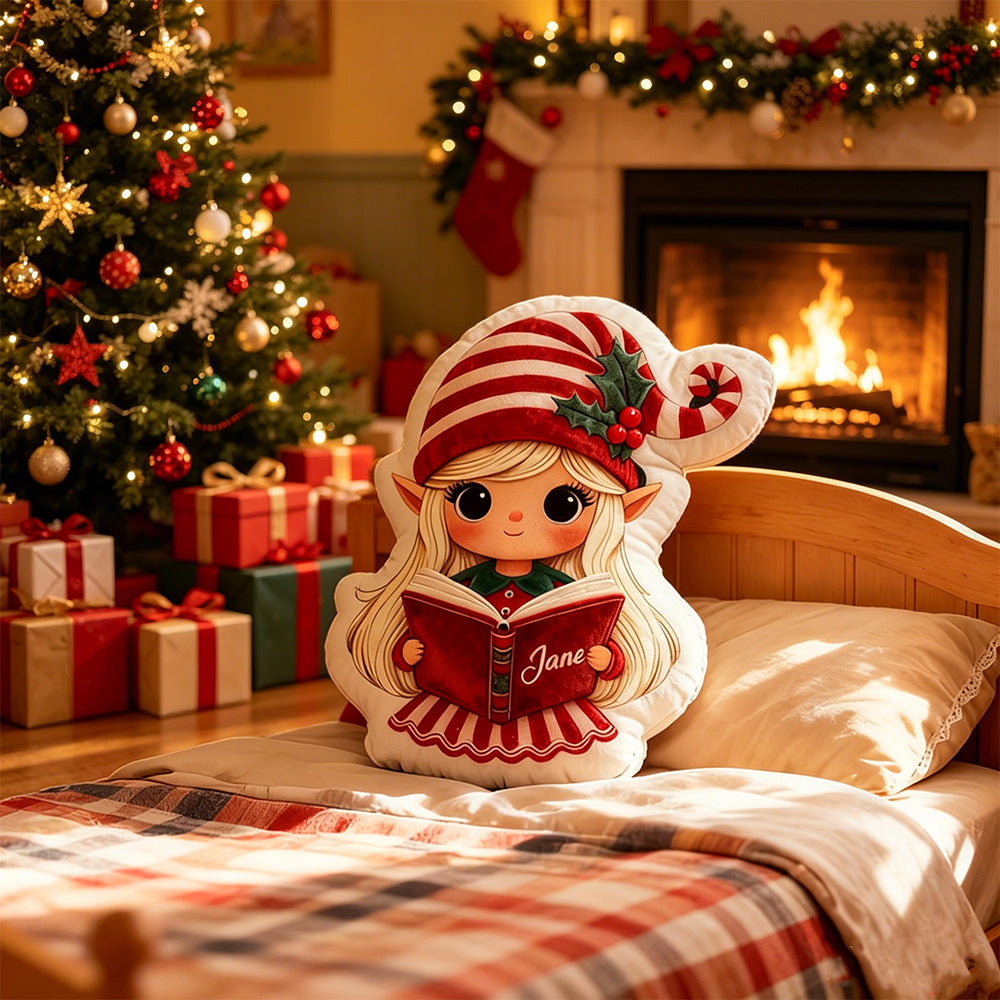 Personalized Christmas Elf Reading Pillow with Custom Name, Festive Bookish Cushion, Holiday Gift for Book Lovers & Kids