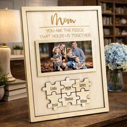 Personalized Family Photo Wooden Puzzle Piece Frame With Kids Names Birthday Keepksake Gift for Mom Grandma Unique Mother's Day Gift Ideas