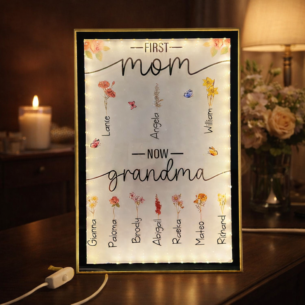 Personalized First Mom Now Grandma Birth Flower Lamp with Kids Names Mother's Day Gift