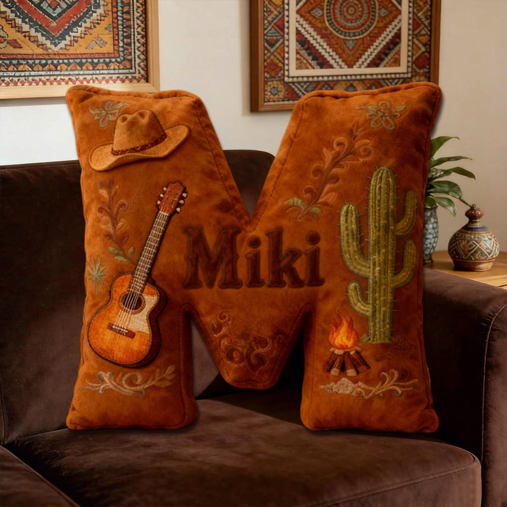 Personalized Cowboy Hat & Guitar Music Throw Pillow with Custom Name, Western Country Cushion, Gift for Music Lovers, Cowgirls & Cowboys