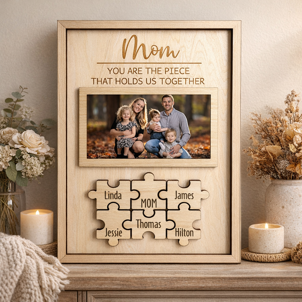 Personalized Family Photo Wooden Puzzle Piece Frame With Kids Names Birthday Keepksake Gift for Mom Grandma Unique Mother's Day Gift Ideas