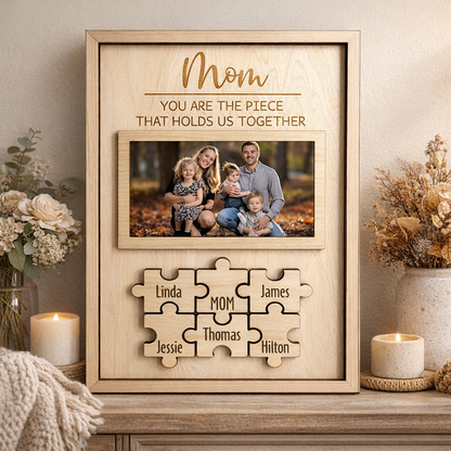 Personalized Family Photo Wooden Puzzle Piece Frame With Kids Names Birthday Keepksake Gift for Mom Grandma Unique Mother's Day Gift Ideas