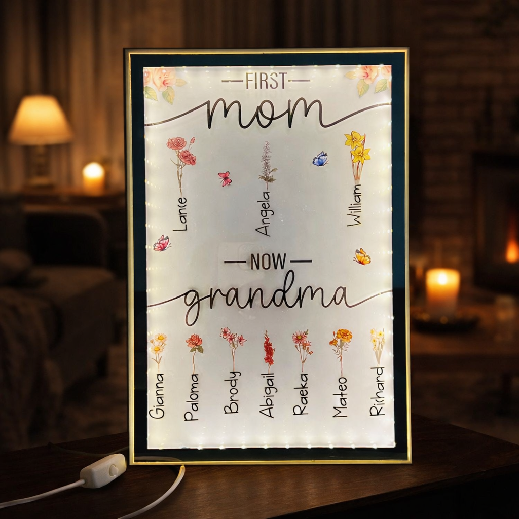 Personalized First Mom Now Grandma Birth Flower Lamp with Kids Names Mother's Day Gift