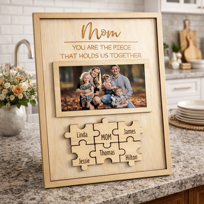 Personalized Family Photo Wooden Puzzle Piece Frame With Kids Names Birthday Keepksake Gift for Mom Grandma Unique Mother's Day Gift Ideas