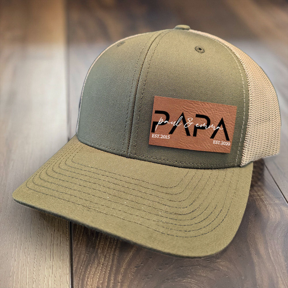 Personalized PAPA Hat with Est and Kids Names Leather Patch Trucker Hat Father's Day Gift
