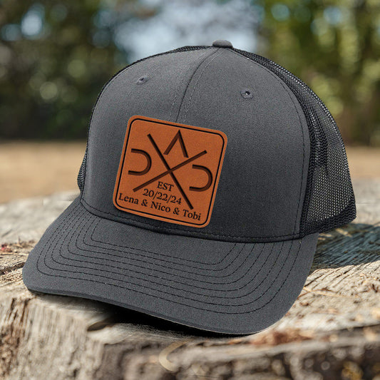 Personalized DAD Hat with Est and Kids Names Leather Patch Trucker Hat Father's Day Gift