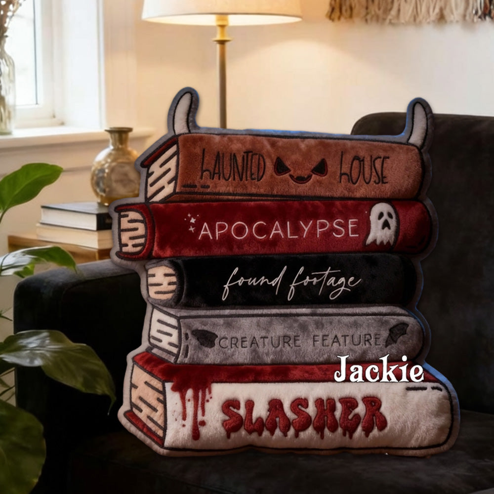 Personalized Horror Book Trope Stack Throw Pillow with Custom Name, Dark Academia Book Lover Cushion, Gift for Readers & Bookworms