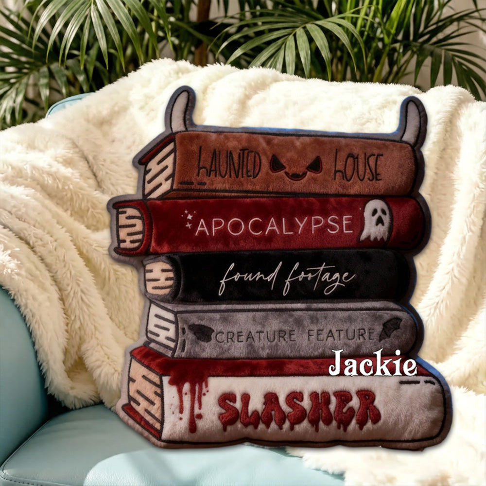 Personalized Horror Book Trope Stack Throw Pillow with Custom Name, Dark Academia Book Lover Cushion, Gift for Readers & Bookworms