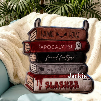Personalized Horror Book Trope Stack Throw Pillow with Custom Name, Dark Academia Book Lover Cushion, Gift for Readers & Bookworms