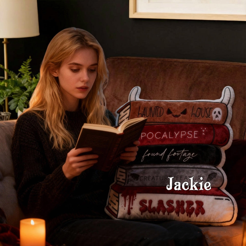 Personalized Horror Book Trope Stack Throw Pillow with Custom Name, Dark Academia Book Lover Cushion, Gift for Readers & Bookworms