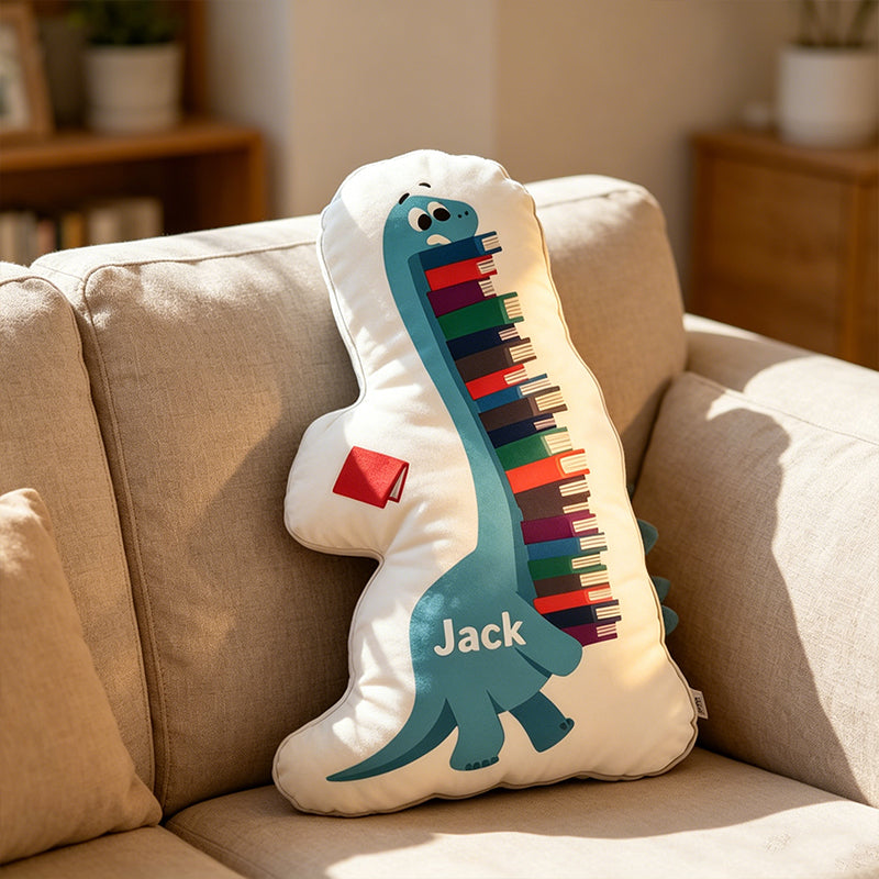 Personalized Reading Dinosaur Throw Pillow with Custom Name, Funny Book Lover Cushion, Christmas Graphic 3D Print Gift for Readers & Kids