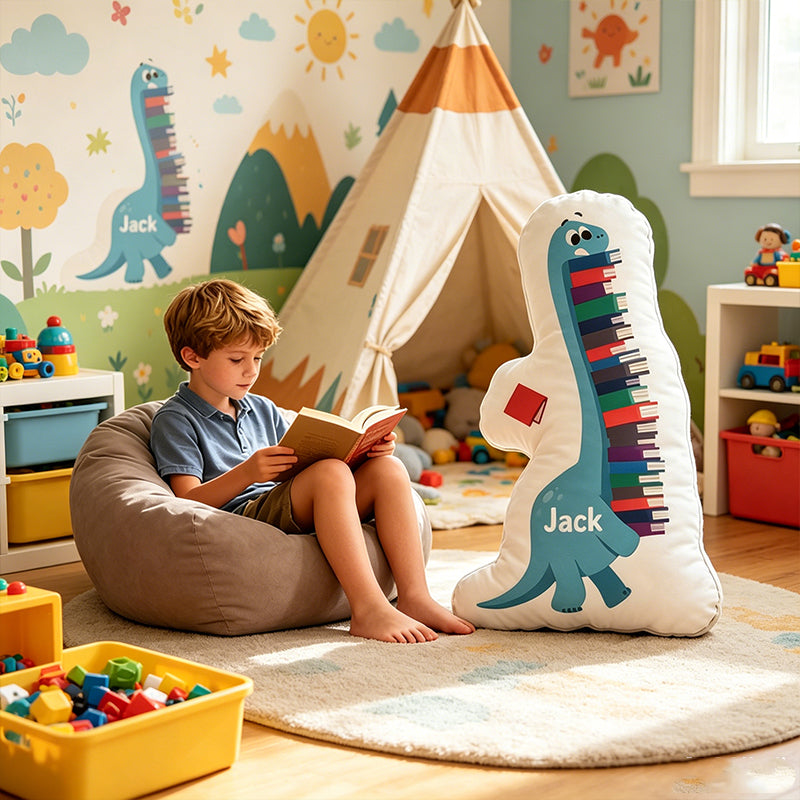 Personalized Reading Dinosaur Throw Pillow with Custom Name, Funny Book Lover Cushion, Christmas Graphic 3D Print Gift for Readers & Kids