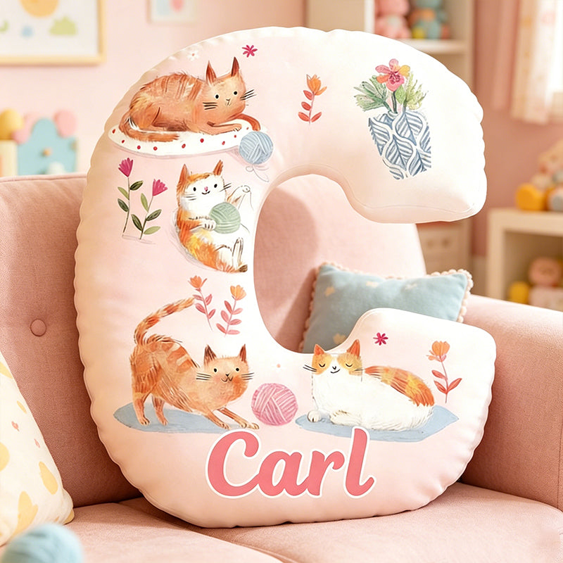 Personalized Yarn Ball Cat Letter Pillow with Custom Name, Graphic 3D Print Cat Lover Throw Pillow, Cute Pet Lover Gift