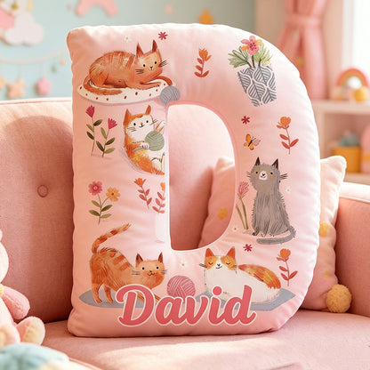 Personalized Yarn Ball Cat Letter Pillow with Custom Name, Graphic 3D Print Cat Lover Throw Pillow, Cute Pet Lover Gift