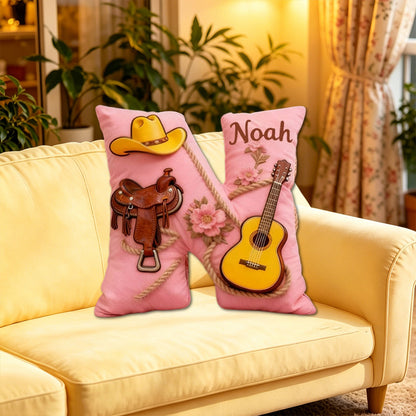Personalized Cowboy Hat & Saddle Pillow with Custom Name, Western Horse & Music Throw Cushion, Gift for Cowgirls, Riders & Music Lovers