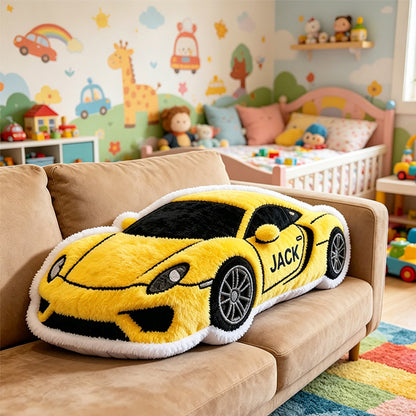 Custom Yellow Racing Car Pillow with 3D Graphic and Personalized Name – Unique Gift Cushion