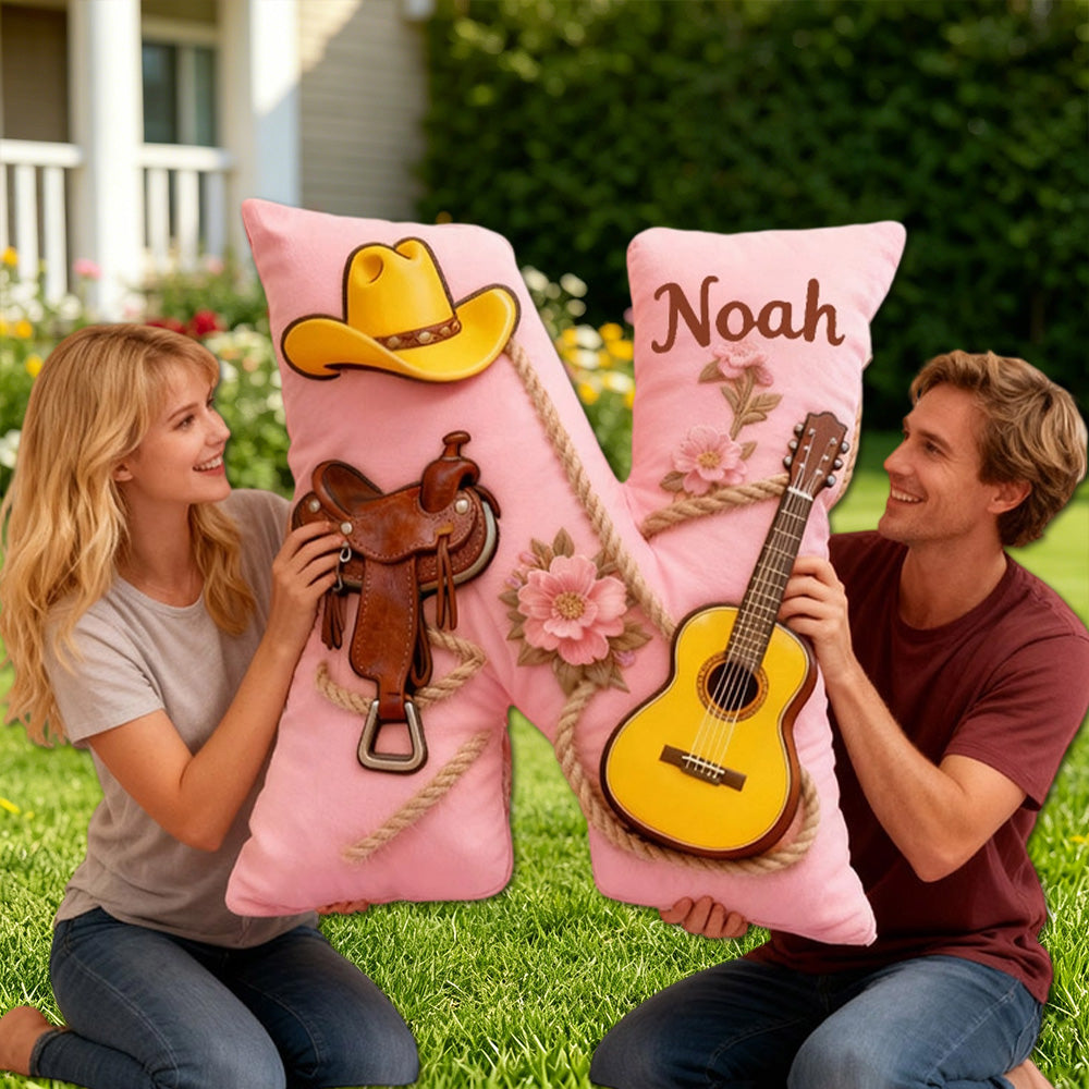 Personalized Cowboy Hat & Saddle Pillow with Custom Name, Western Horse & Music Throw Cushion, Gift for Cowgirls, Riders & Music Lovers