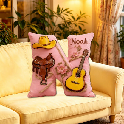 Personalized Cowboy Hat & Saddle Pillow with Custom Name, Western Horse & Music Throw Cushion, Gift for Cowgirls, Riders & Music Lovers