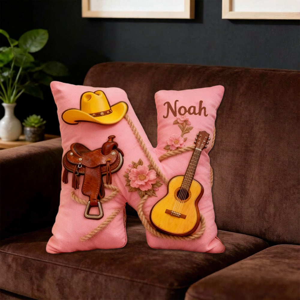 Personalized Cowboy Hat & Saddle Pillow with Custom Name, Western Horse & Music Throw Cushion, Gift for Cowgirls, Riders & Music Lovers