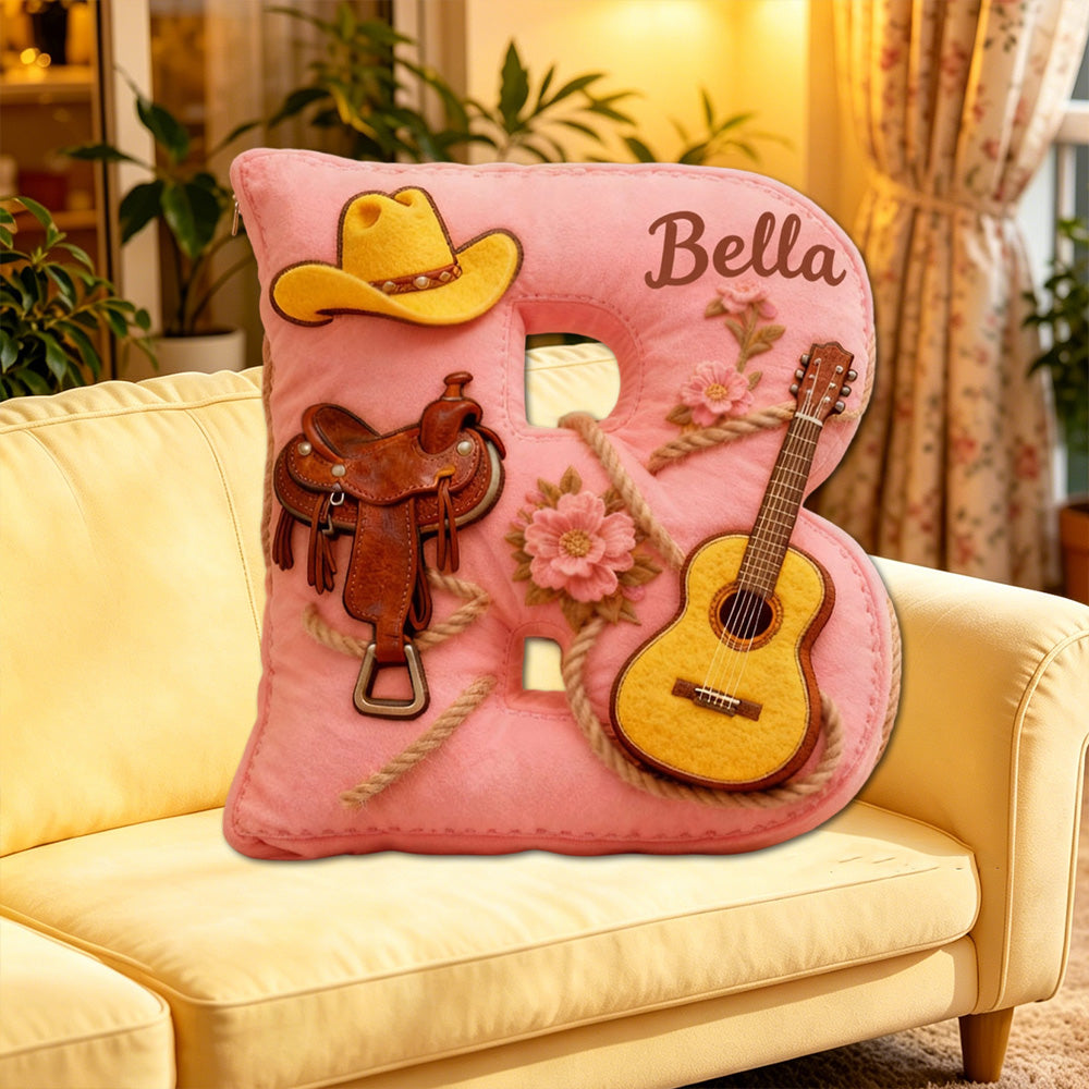 Personalized Cowboy Hat & Saddle Pillow with Custom Name, Western Horse & Music Throw Cushion, Gift for Cowgirls, Riders & Music Lovers
