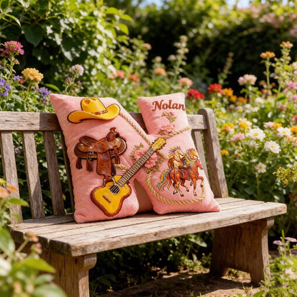 Personalized Cowboy Hat & Saddle Pillow with Custom Name, Western Horse & Music Throw Cushion, Gift for Cowgirls, Riders & Music Lovers