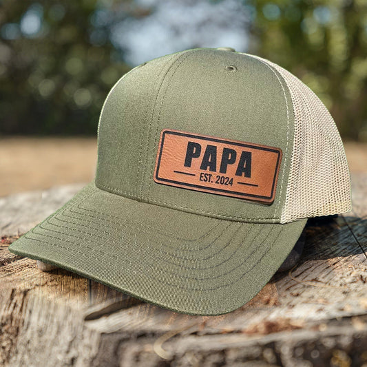 Personalized PAPA Est Hat Leather Patch Trucker Hat Father's Day New Dad Gift