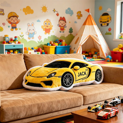 Custom Yellow Racing Car Pillow with 3D Graphic and Personalized Name – Unique Gift Cushion