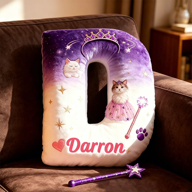 Personalized Cat Princess Pillow with Custom Name, 3D Graphic Print Plush Cushion, Cute Cat Lover Decorative Pillow for Kids