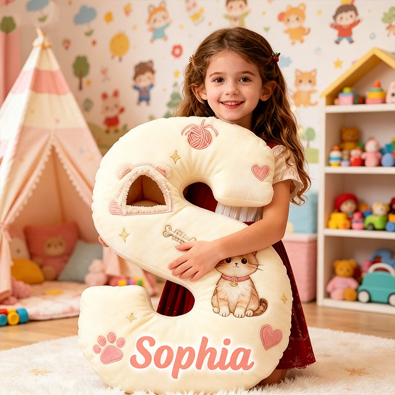 Personalized Cute Cat Letter Pillow with Custom Name, 3D Graphic Print Plush Cushion, Cat Lover Decorative Throw Pillow