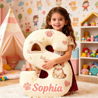 Personalized Cute Cat Letter Pillow with Custom Name, 3D Graphic Print Plush Cushion, Cat Lover Decorative Throw Pillow