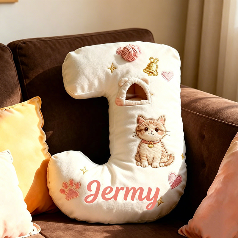 Personalized Cute Cat Letter Pillow with Custom Name, 3D Graphic Print Plush Cushion, Cat Lover Decorative Throw Pillow