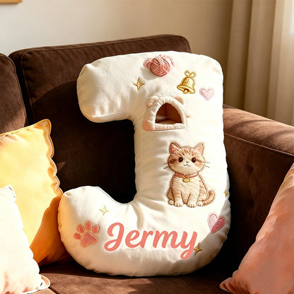 Personalized Cute Cat Letter Pillow with Custom Name, 3D Graphic Print Plush Cushion, Cat Lover Decorative Throw Pillow