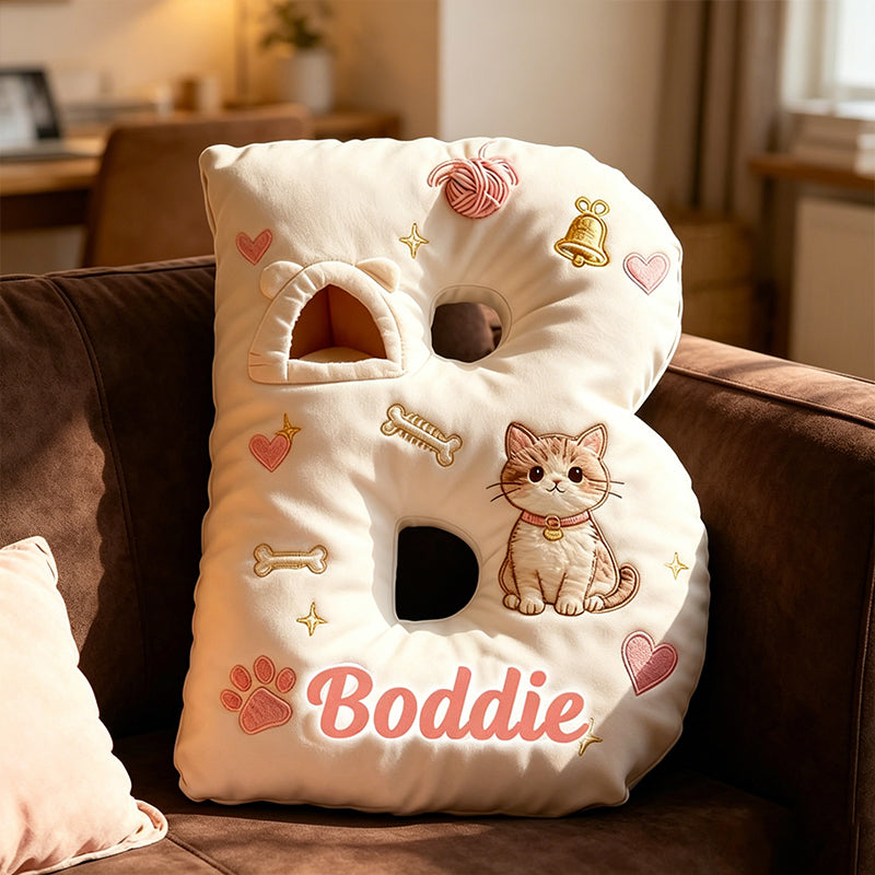 Personalized Cute Cat Letter Pillow with Custom Name, 3D Graphic Print Plush Cushion, Cat Lover Decorative Throw Pillow