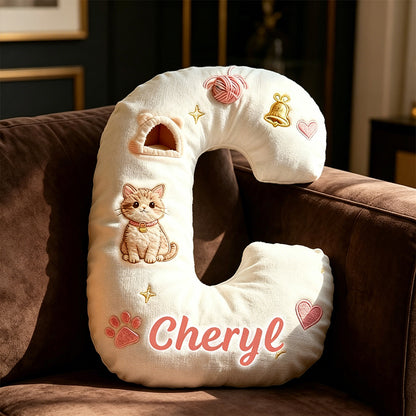Personalized Cute Cat Letter Pillow with Custom Name, 3D Graphic Print Plush Cushion, Cat Lover Decorative Throw Pillow
