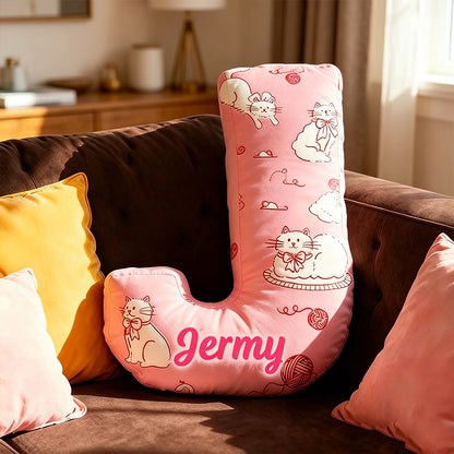 Personalized Pink Cat Letter Pillow with Custom Name, 3D Graphic Print Plush Cushion, Cute Cat Lover Throw Pillow for Kids & Girls