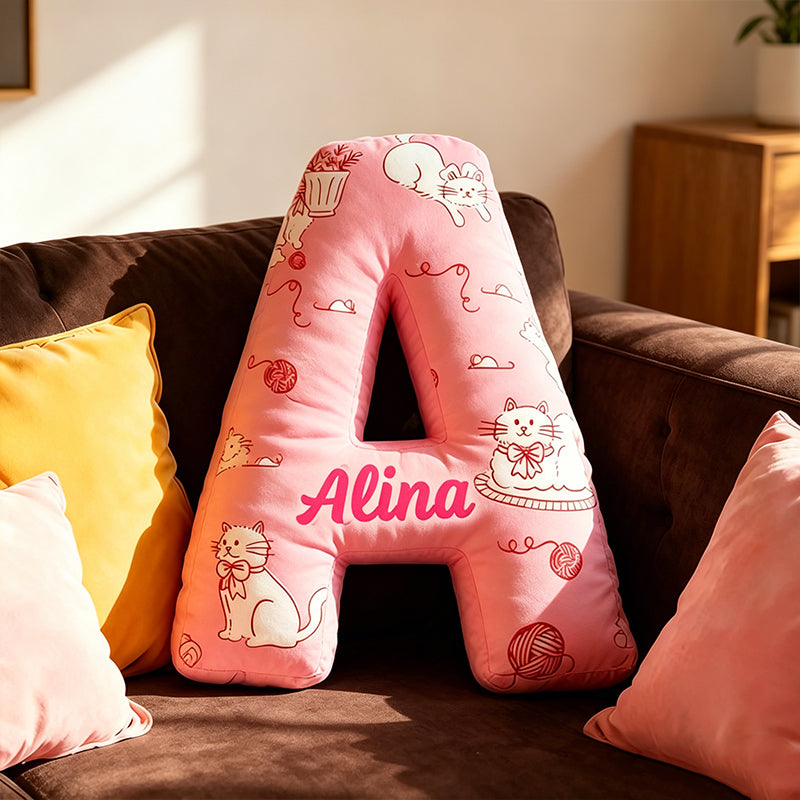 Personalized Pink Cat Letter Pillow with Custom Name, 3D Graphic Print Plush Cushion, Cute Cat Lover Throw Pillow for Kids & Girls