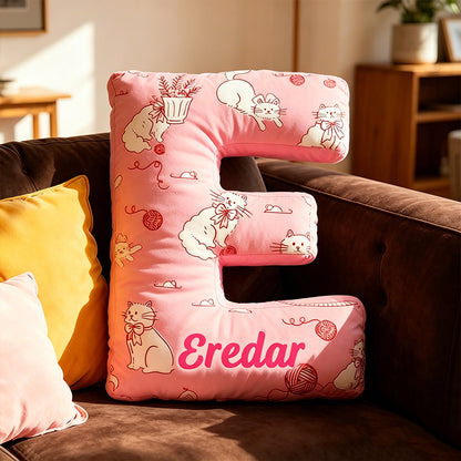 Personalized Pink Cat Letter Pillow with Custom Name, 3D Graphic Print Plush Cushion, Cute Cat Lover Throw Pillow for Kids & Girls