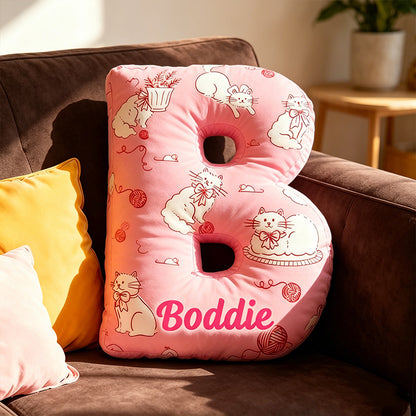 Personalized Pink Cat Letter Pillow with Custom Name, 3D Graphic Print Plush Cushion, Cute Cat Lover Throw Pillow for Kids & Girls