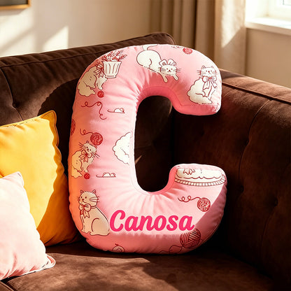 Personalized Pink Cat Letter Pillow with Custom Name, 3D Graphic Print Plush Cushion, Cute Cat Lover Throw Pillow for Kids & Girls
