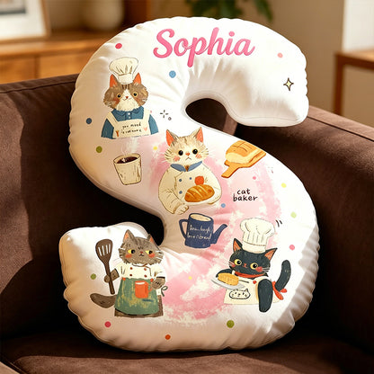 Personalized Cat Chef Letter Pillow with Custom Name, 3D Graphic Print Plush Cushion, Cute Cooking Cat Throw Pillow