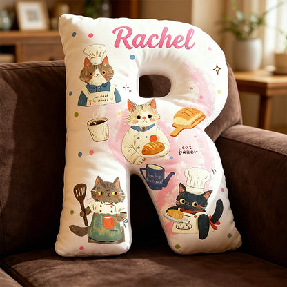 Personalized Cat Chef Letter Pillow with Custom Name, 3D Graphic Print Plush Cushion, Cute Cooking Cat Throw Pillow