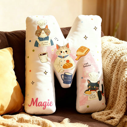 Personalized Cat Chef Letter Pillow with Custom Name, 3D Graphic Print Plush Cushion, Cute Cooking Cat Throw Pillow