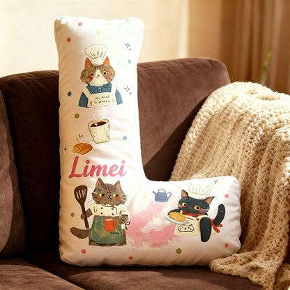 Personalized Cat Chef Letter Pillow with Custom Name, 3D Graphic Print Plush Cushion, Cute Cooking Cat Throw Pillow
